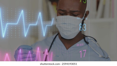 Image of data processing over afrcian american male doctor in face mask. Global medicine, connections, computing and data processing concept digitally generated image.