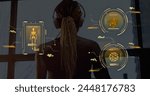 Image of data processing over african american woman exercising in gym. Global sports, science, computing, digital interface and data processing concept digitally generated image.