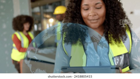 Image of data processing over african american female architect in office. Global finance, business, connections, computing and data processing concept digitally generated image.