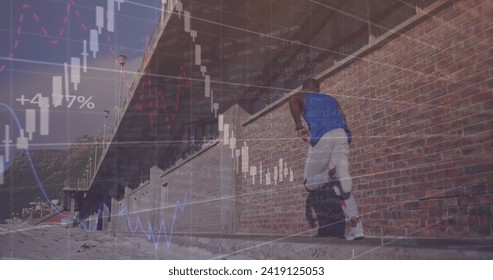 Image of data processing over african american man running outdoors. health and fitness concept digitally generated image.
