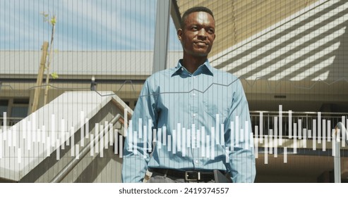 Image of data processing over african american businessman in office. Global networks, business, finances, computing and data processing concept digitally generated image.