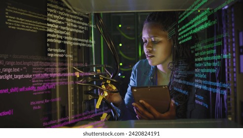Image of data processing over african american woman working in server room. network, programming, computers and technology concept digitally generated image.