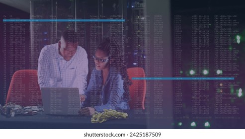 Image of data processing over african american workers in server room. global technology and digital interface concept digitally generated image.
