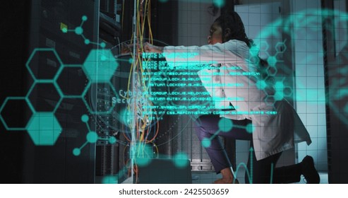 Image of data processing over african american female worker in server room. Global business and digital interface concept digitally generated image. - Powered by Shutterstock