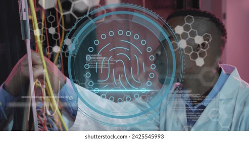 Image of data processing over african american male worker in server room. Global business and digital interface concept digitally generated image.
