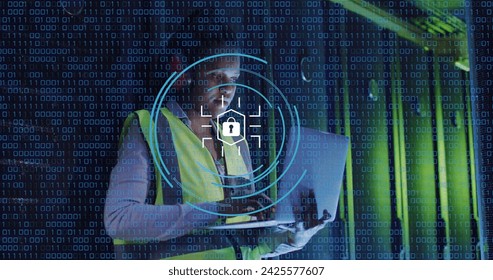 Image of data processing over african american female worker in server room. Global business and digital interface concept digitally generated image.