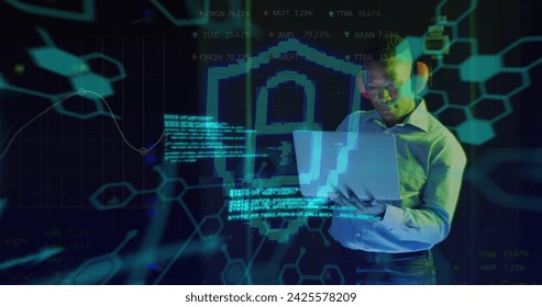 Image of data processing over african american male worker in server room. Global business and digital interface concept digitally generated image.