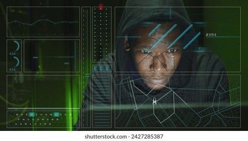 Image of data processing over african american male hacker with computer and computer servers. Global online virus, computing and data processing concept digitally generated image.