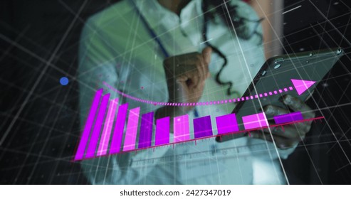 Image of data processing over african american female it engineer and computer servers. Global computing and data processing concept digitally generated image