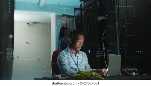 Image of data processing over african american male it engineer and computer servers. Global computing and data processing concept digitally generated image.