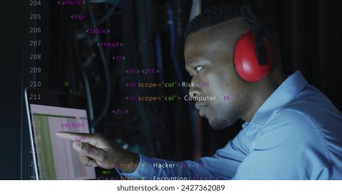 Image of data processing over african american male it engineer and computer servers. Global computing and data processing concept digitally generated image.