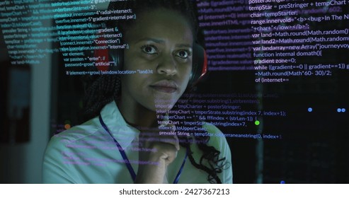 Image of data processing over african american female it engineer and computer servers. Global computing and data processing concept digitally generated image