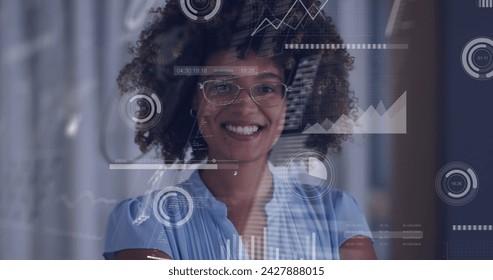 Image of data processing over african american woman smiling. Global business and digital interface concept digitally generated image.