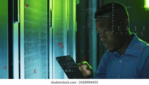 Image of data processing over african american male it engineer and computer servers. Global computing and data processing concept digitally generated image. - Powered by Shutterstock - Get 15% off with code: PIKWIZARD15