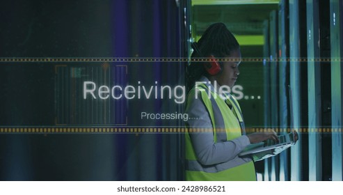 Image of data processing over african american female it engineer and computer servers. Global computing and data processing concept digitally generated image