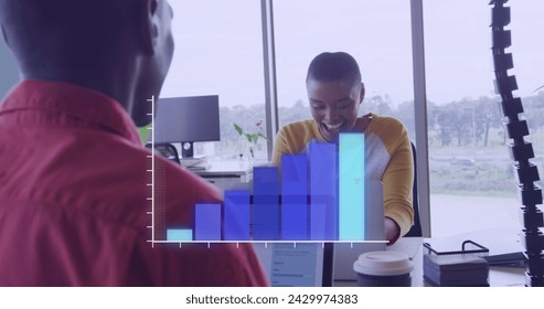 Image of data processing over african american business people in office. Global business, finances and digital interface concept digitally generated image.