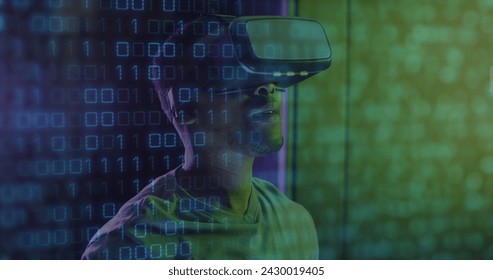 Image of data processing over african american male server room worker using vr headset. Cloud computing concept concept digitally generated image.