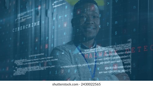 Image of data processing over african american male server room worker. Cloud computing concept concept digitally generated image.