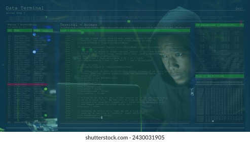 Image of data processing over african american male hacker. Cloud computing concept concept digitally generated image.