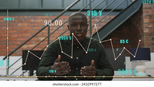 Image of data processing over african american businessman in office. Global business and digital interface concept digitally generated image.
