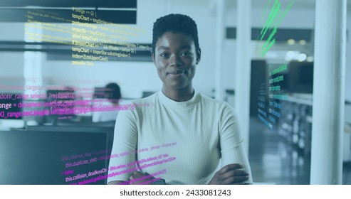 Image of data processing over african american businesswoman smiling in office. Global business and digital interface concept digitally generated image.