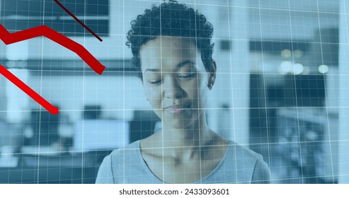Image of data processing over african american businesswoman smiling in office. Global business and digital interface concept digitally generated image.