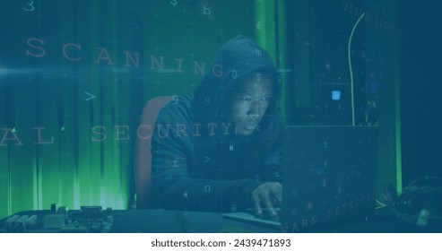 Image of data processing over african american male hacker. Cloud computing concept concept digitally generated image.