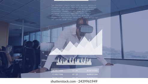 Image of data processing over african american businessman using vr headset. Global artificial intelligence, connections, computing and data processing concept digitally generated image.