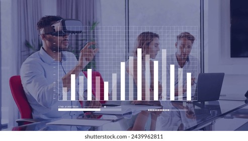 Image of data processing over african american businessman using vr headset. Global artificial intelligence, connections, computing and data processing concept digitally generated image.