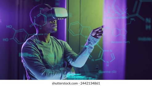 Image of data processing over african american male server room worker using vr headset. Cloud computing concept concept digitally generated image.