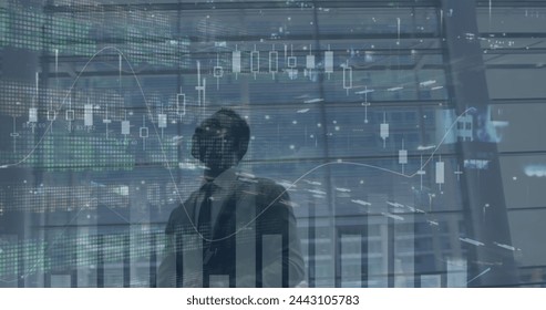 Image of data processing over african american businessman walking. global business, finances, connections and digital interface concept digitally generated image.