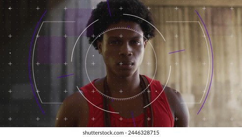 Image of data processing over african american man with jumping rope. Global business and digital interface concept digitally generated image.