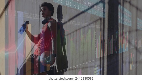 Image of data processing over african american man drinking water. Global business and digital interface concept digitally generated image.