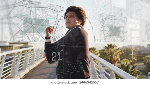 Image of data processing over african american man stretching. Global business and digital interface concept digitally generated image.