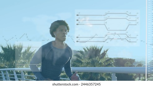 Image of data processing over african american man running. Global business and digital interface concept digitally generated image.