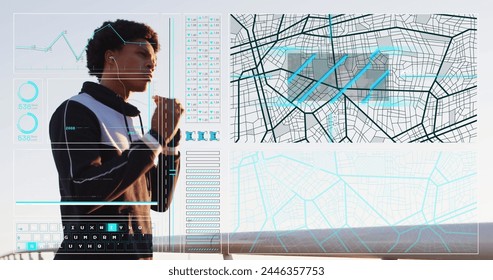Image of data processing over african american man using smartphone. Global business and digital interface concept digitally generated image.