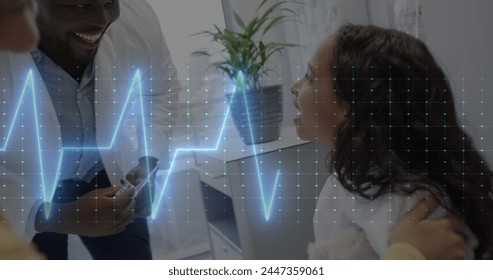 Image of data processing over african american male doctor with girl patient. Global healthcare, science, medicine, research, computing and data processing concept digitally generated image.