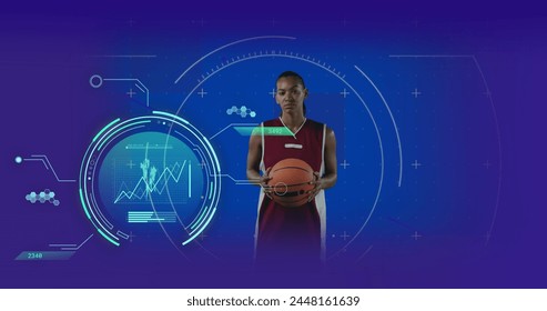 Image of data processing over african american female basketball player. Global sports, science, computing, digital interface and data processing concept digitally generated image. - Powered by Shutterstock