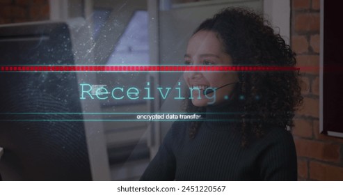 Image of data processing over african american businesswoman using phone headset. Global technology, computing and digital interface concept digitally generated image.
