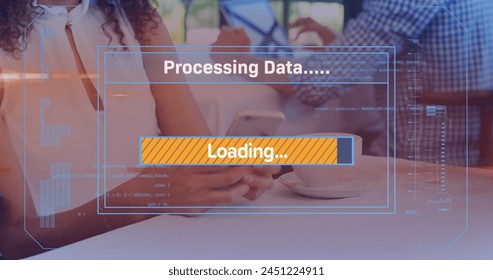 Image of data processing over african american businesswoman using smartphone. Global technology, computing and digital interface concept digitally generated image.