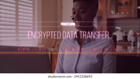 Image of data processing over african american businesswoman using phone headset. Global technology, computing and digital interface concept digitally generated image.