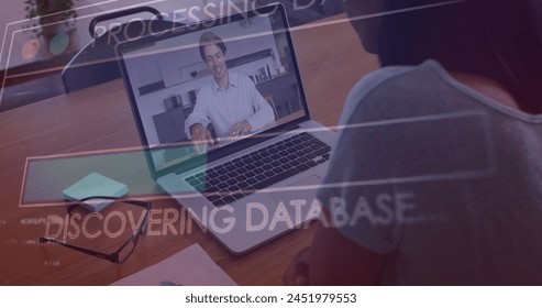 Image of data processing over african american businesswoman having image call. Global business and digital interface concept digitally generated image.