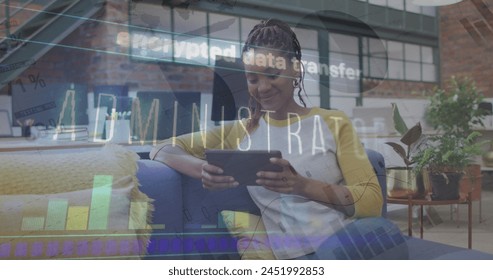 Image of data processing over african american businesswoman using tablet. Global business and digital interface concept digitally generated image. - Powered by Shutterstock - Get 15% off with code: PIKWIZARD15