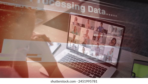 Image of data processing over african american businesswoman having image call. Global business and digital interface concept digitally generated image.