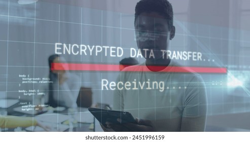 Image of data processing over african american businesswoman using tablet. Global business and digital interface concept digitally generated image.