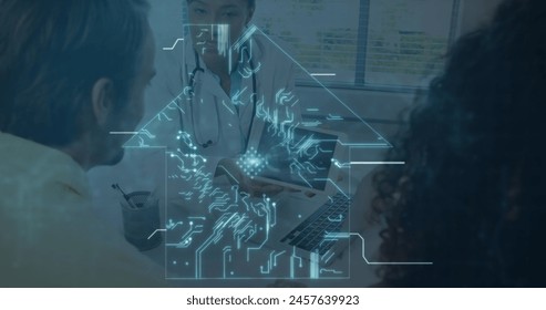Image of data processing over african american female doctor with patients. Global medicine and digital interface concept digitally generated image.