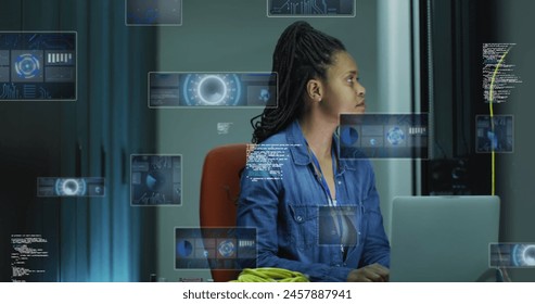 Image of data processing over african american businesswoman by computer servers. Global computing, digital interface and data processing concept digitally generated image.