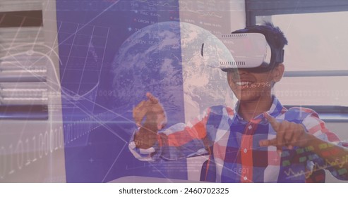 Image of data processing over african american schoolboy with vr headset. global technology and digital interface concept digitally generated image. - Powered by Shutterstock