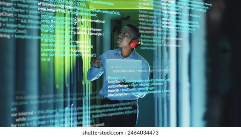 Image of data processing over african american male engineer using laptop working at server room. Computer interface and business data storage technology concept