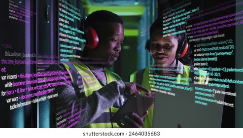 Image of data processing over african american male and female engineers working at server room. Computer interface and business data storage technology concept - Powered by Shutterstock - Get 15% off with code: PIKWIZARD15